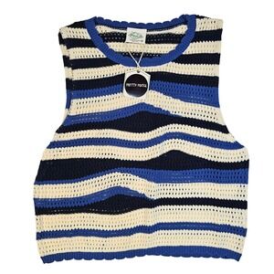 New View Women Blue Cream Wavy Stripe Pointelle Knit SweaterVest Scalloped Large